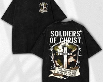 Soldiers Of Christ Washed Tee - Christian Military Faithcore Streetwear - Timothy 2:3 Cross Shield