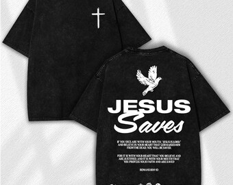 Jesus Saves Washed Tee: Vintage Christian Streetwear - Faithcore Oversized Dove And Cross Graphic Shirt