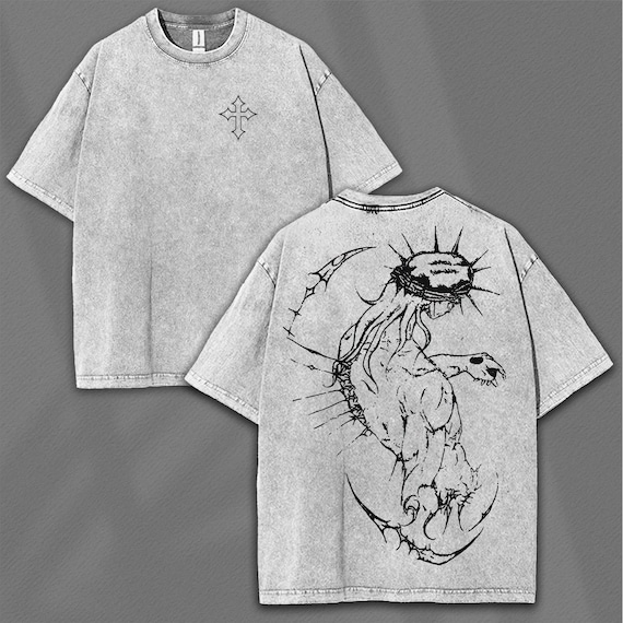 Abstract Jesus T-shirt: Oversized Washed Y2K Style - Edgy Cross