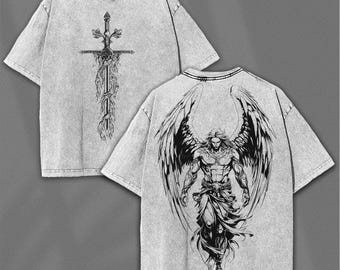 Angel Warrior Washed Shirt: Vintage Gothic Streetwear – Dark Fantasy Anime & Manga Inspired Graphic Tee