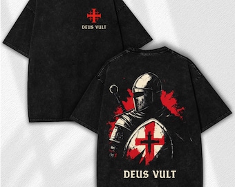 Deus Vult Knight Templar Washed Tee – Vintage Crusader Warrior Streetwear Shirt