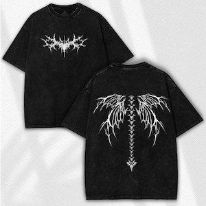 Spine Wings Washed Tee: Gothic Vintage Streetwear - Dark Skeletal Wing Art