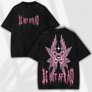 Be Not Afraid Washed Tee: Gothic Angelic Streetwear Style - Pink Seraphim Wings Graphic