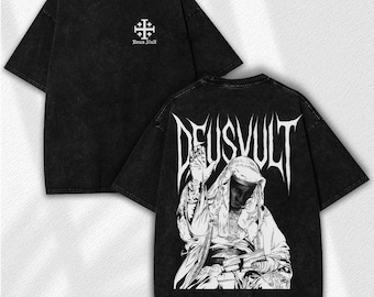 Deus Vult Washed Shirt: Vintage Gothic Streetwear – Medieval Crusader Knight Templar Graphic Tee