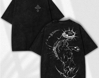 Abstract Jesus T-Shirt: Oversized Washed Y2K Style - Edgy Cross & Thorn Back Print