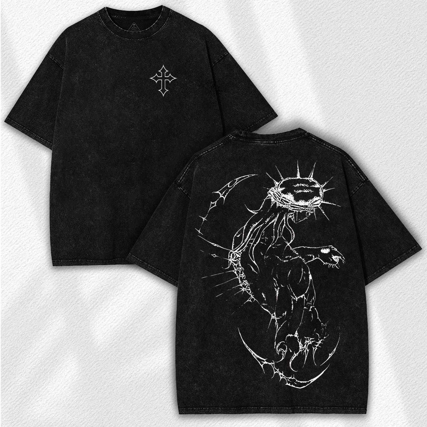 Abstract Jesus T-shirt: Oversized Washed Y2K Style - Edgy Cross