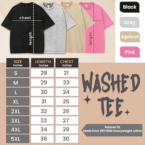 May include: Four washed tees in black, grey, apricot, and pink are displayed. A size chart shows measurements in inches for chest and length, ranging from S to 5XL. The graphic reads "Washed Tee" and mentions relaxed fit and heavyweight cotton.