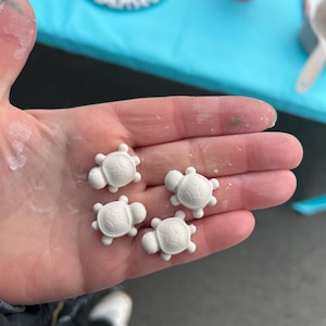 May include: Four small, white turtle-shaped craft embellishments are held in a hand. The turtles have detailed shells and small heads and legs. The background includes a blue surface and art supplies.