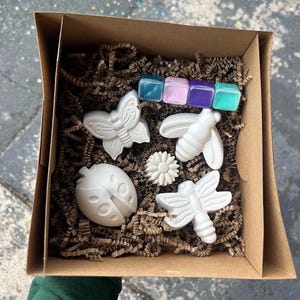 Peut inclure: Une boîte en carton remplie de papier brun et de savons blancs en forme d'insectes, dont un papillon, une abeille, une coccinelle, une libellule et une fleur. Comprend également quatre petits savons carrés colorés.