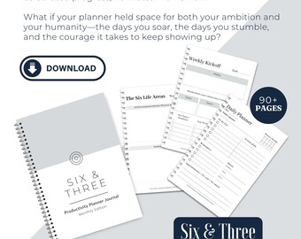 Productivity Planner Journal Printable PDF | Six & Three Method | 6 Life Areas - 3 Goals - 3 steps | Monthly Weekly Morning Evening Pages