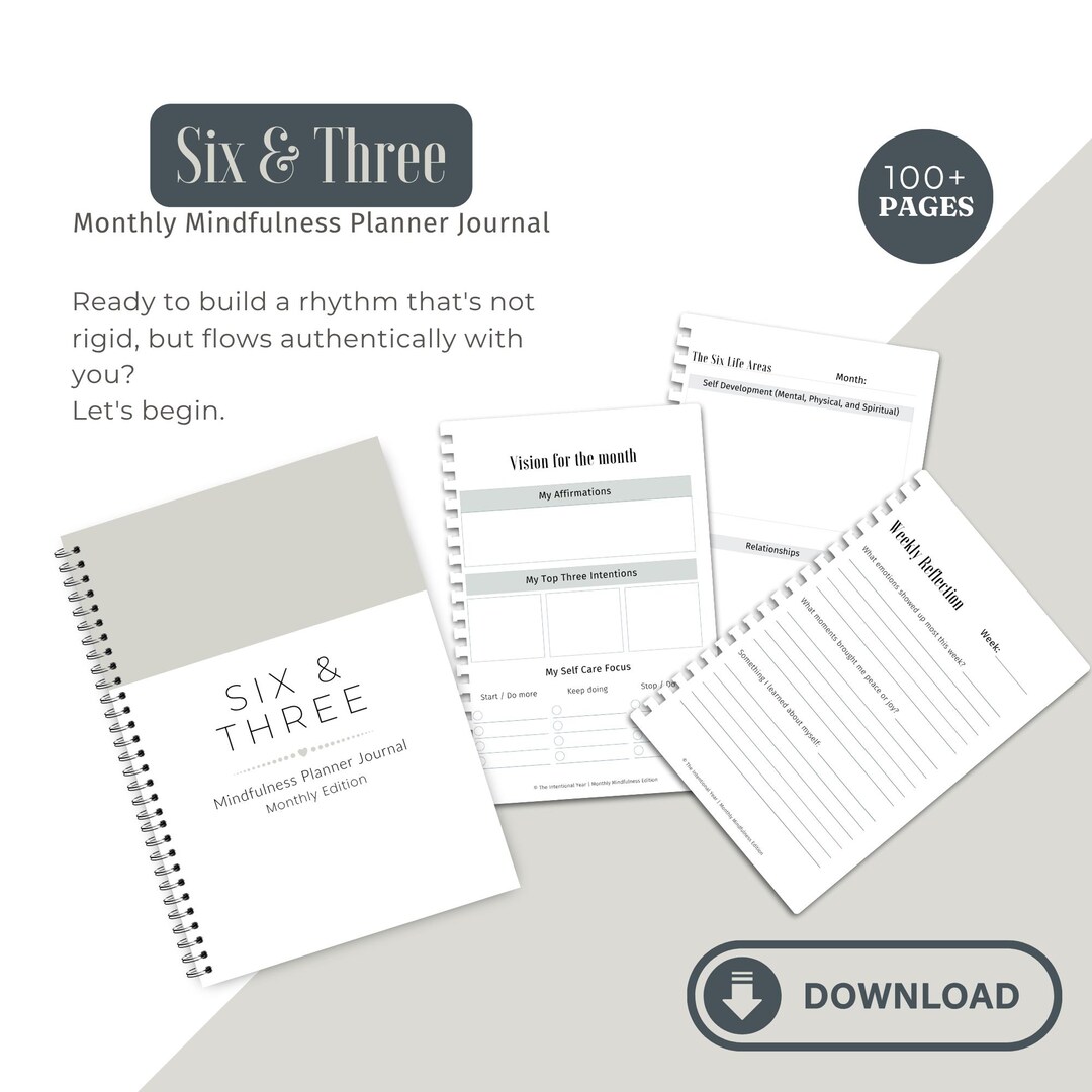 Monthly Mindfulness Planner Journal Printable PDF | Six & Three Method | 6 Life Areas - 3 Steps ...