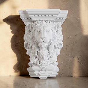 May include: A white, ornate wall shelf featuring a sculpted lion's head with a flowing mane. The shelf has a classical design with detailed architectural elements. The lion's face is centered, and the shelf is made of a solid, possibly plaster, material.