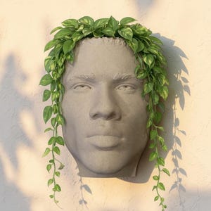 May include: A gray, sculpted face planter with green leafy vines cascading down. The planter is mounted on a textured wall, creating a unique decorative piece for indoor or outdoor use. The face has detailed features.