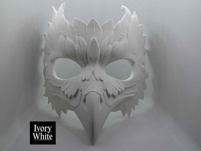 Mythic Crow Mask | Gold Bird Mask for Cosplay, Masquerade, or Costume Events | Fantasy Plague Doctor Inspired Design | One Size Fits All Ivory White