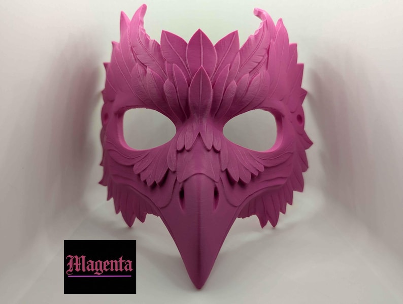 Mythic Crow Mask | Gold Bird Mask for Cosplay, Masquerade, or Costume Events | Fantasy Plague Doctor Inspired Design | One Size Fits All Magenta