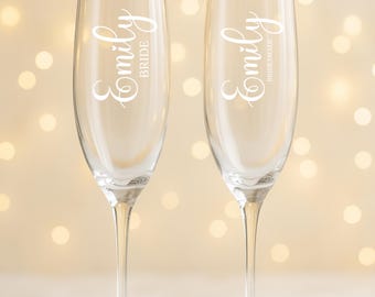 Gepersonaliseerde bruiloft champagneglazen set, gegraveerde roosters