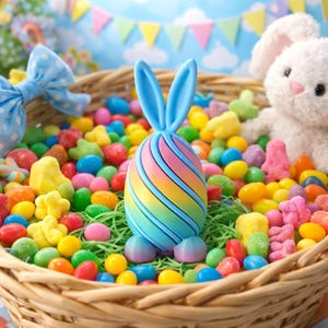 May include: A wicker basket filled with colorful candies and a decorative Easter egg with blue bunny ears. The egg is painted with rainbow stripes. A white stuffed bunny and a blue bow are also in the basket.