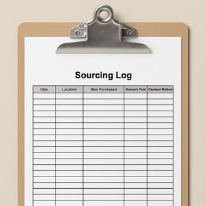Puede incluir: Un portapapeles con una hoja de papel con la etiqueta "Sourcing Log". El papel tiene columnas para Fecha, Ubicación, Artículo comprado, Cantidad pagada y Método de pago. El portapapeles tiene un clip de metal plateado.