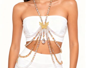 Collier D'épaule Perles à Pampilles - Chaîne Corps Multicouche - 42cm - Accessoire Robe De Soirée, Fête, Danse - 14