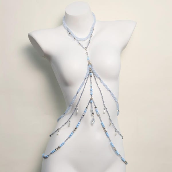 Beaded Body Chain, Resin Blue Beads, Bridal Dress Accessory,Wedding Gift