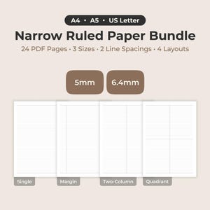Può includere: Un pacchetto digitale di carta a righe strette con 24 pagine PDF nei formati A4, A5 e US Letter. Il set include interlinee da 5 mm e 6,4 mm in quattro layout: singolo, margine, due colonne e quadrante, visualizzati come fogli bianchi.