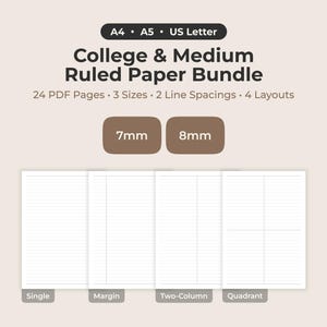 以下が含まれることがあります： A4、A5、USレターサイズのPDFページ24枚を含む、カレッジおよびミディアム罫線紙のデジタルバンドル。7mmと8mmの行間隔があり、シングル、マージン、2カラム、クアドラントの4つのレイアウトオプションが用意されています。