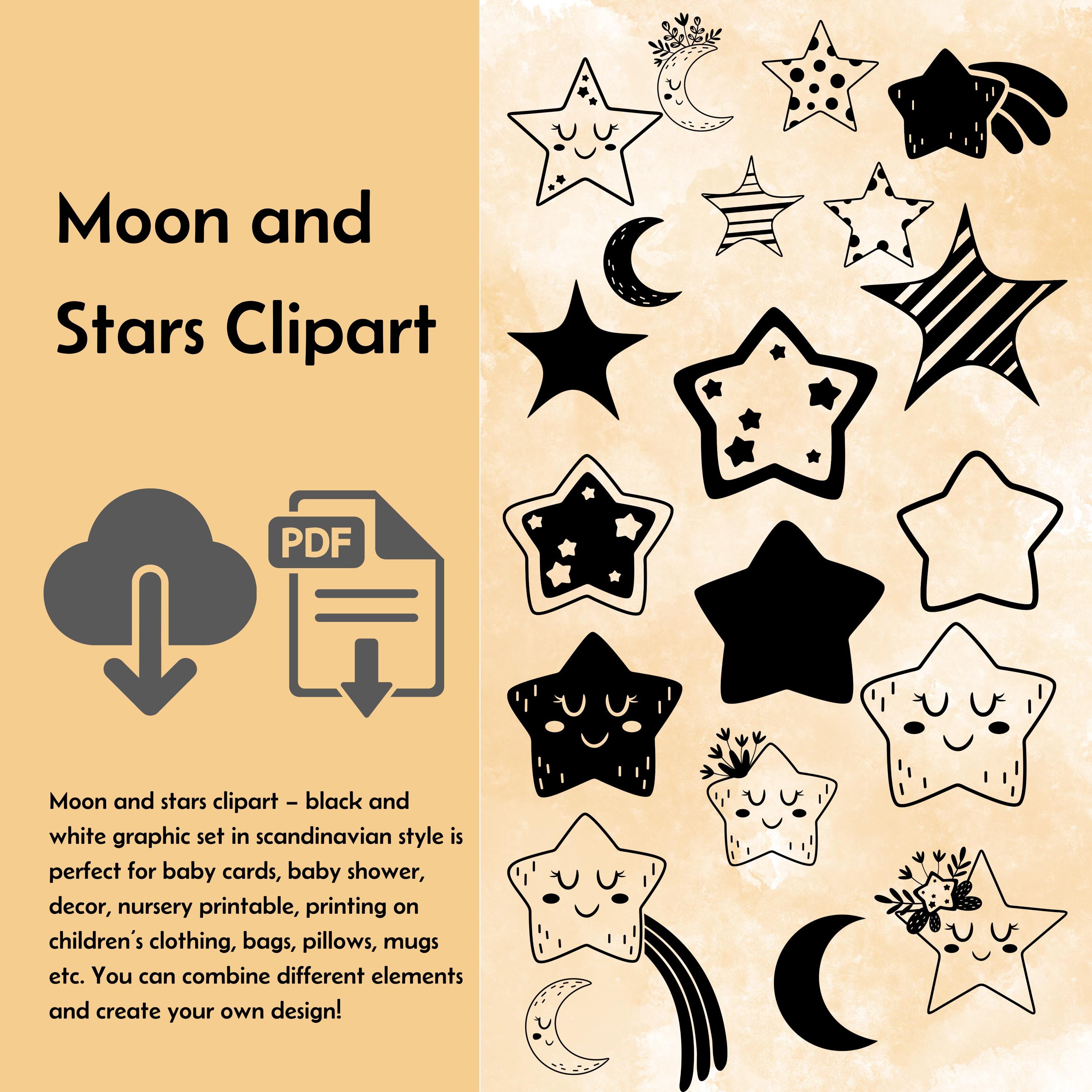 Moon and Stars Clipart PDF | Scandinavian Style Black and White ...