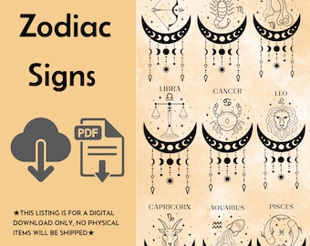 Może przedstawiać: Grafika do pobrania cyfrowego z znakami zodiaku. Każdy znak jest reprezentowany przez unikalny symbol i nazwę, na tle wzoru półksiężyca z wiszącymi gwiazdami. Obraz zawiera słowa "Zodiac Signs" i ikonę pobierania PDF.