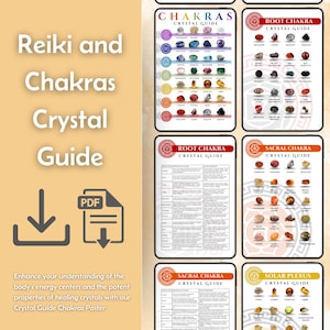 Op de afbeelding: Een digitale poster met de titel 'Reiki en Chakra's Kristalgids'. De poster toont kristalgidsen voor elk chakra, met afbeeldingen en tekst. Het bevat ook een PDF-downloadpictogram en de tekst: 'Verbeter uw begrip van de energiecentra van het lichaam'.