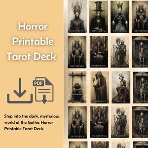 Puede incluir: Una descarga digital de una baraja de tarot imprimible de terror gótico. La imagen muestra varias cartas del tarot con ilustraciones oscuras y detalladas y el texto "Horror Printable Tarot Deck". Incluye un icono de descarga PDF.