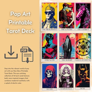 Puede incluir: Una baraja de tarot imprimible de arte pop con imágenes audaces inspiradas en el neón. La baraja incluye cartas como El Hierofante, Los Amantes y El Carro. Disponible en PDF, con un toque de color eléctrico.
