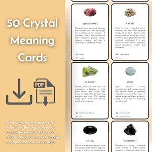 Könnte beinhalten: Ein Set von 50 Kristall-Bedeutungskarten mit detaillierten Beschreibungen verschiedener Steine. Die Karten zeigen Text und Bilder von Steinen wie Rhodonit, Pyrit, Peridot und Opal. Das Bild enthält auch ein PDF-Download-Symbol.