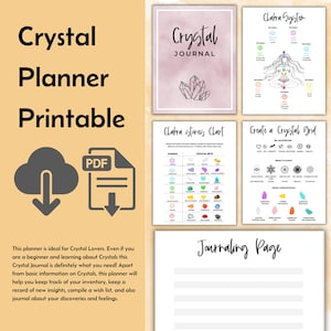 以下が含まれることがあります： 「Crystal Journal」と書かれたピンク色の表紙の、印刷可能なクリスタルプランナー。プランナーには、チャート、図、ジャーナリングページが含まれています。「Crystal Planner Printable」というテキストが左上にあります。