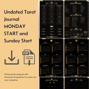 Könnte beinhalten: Ein undatiertes Tarot-Journal mit einem schwarzen und goldenen Design. Das Journal enthält Abschnitte für Montags- und Sonntagsbeginn, Kalender und Notizen. Der Text auf dem Cover lautet "Undated Tarot Journal".