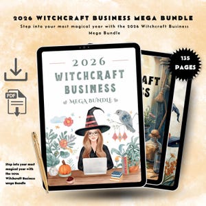 Può includere: Un pacchetto di download digitale intitolato "2026 Witchcraft Business Mega Bundle" con 135 pagine. La copertina presenta un'illustrazione di una strega con un laptop, un uccello e elementi magici. Sono visibili anche una penna dorata e un'icona di download PDF.