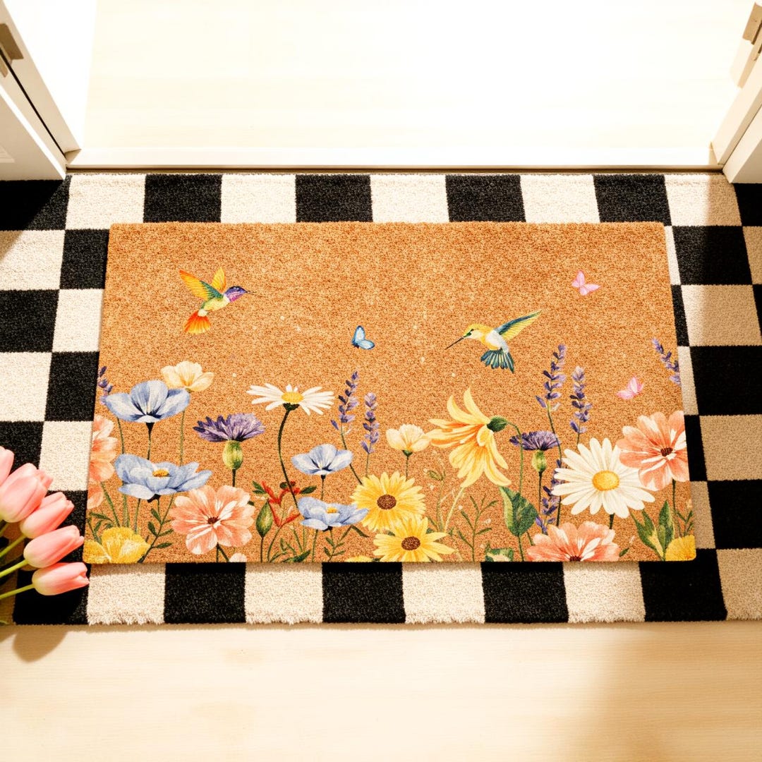 Hummingbird Welcome Mat Hummingbird Floral Doormat,wildflower Coir Welcome Mat,spring Front ...