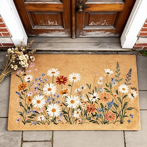 Wildblumen Garten Fußmatte, Sommer Daisy Willkommen Matte, weiße Blumen Fußmatte, Botanische Eingangsmatte, Einweihungsparty Geschenk für Naturliebhaber, Frühlings Fußmatte