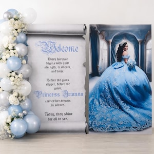 May include: A vertical scroll sign with the text Welcome, Every fairytale begins with quiet strength, resilience, and hope. Before the glass slipper, before the gown, Princess Arianna carried her dreams in silence. Today, they shine for all to see, decorated with a cluster of white flowers and light blue and white balloons, next to a rectangular print of a person in a large light blue ball gown.