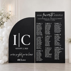 May include: A black wedding seating chart display featuring two panels. One arched panel displays the initials I|C, the date August 2, 2025, and the text we're so glad you're here! #ICLove. The rectangular panel lists guest names under tables 1-9.