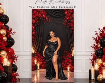 May include: A custom photo backdrop featuring a black curtain background with red floral arrangements and a person in a black satin dress. The text reads CUSTOM Photo Backdrops Your Photo on ANY Background!