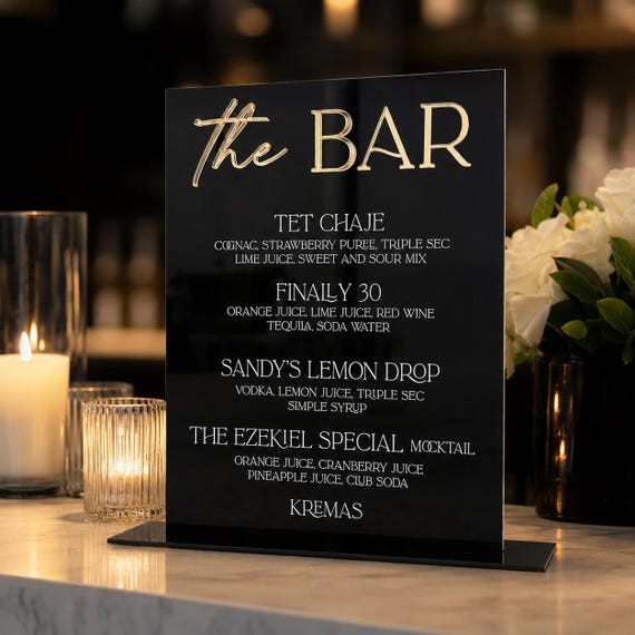 Acrylic Bar Menu Sign - 3D Mirror Gold - Minimalist Wedding Signage - His Hers Cocktails Sign - The Bar Sign - Custom Bar Menu with stand