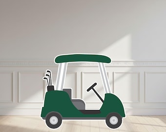 May include: A dark green golf cart featuring a matching roof, a steering wheel, and a rear compartment containing three golf clubs. The vehicle has two grey seats and four wheels with light grey centers, presented as a flat graphic illustration.