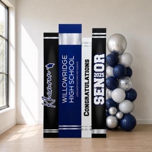 May include: A vertical display featuring four rectangular panels designed to resemble book spines. The panels are black, blue, and white, with text reading "Khamron", "WILLOWRIDGE HIGH SCHOOL ASSOCIATES IN COMPUTER SCIENCE", "CONGRATULATIONS", and "SENIOR 2025".