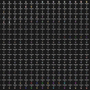 Puede incluir: Una cuadrícula de pequeños collares con colgantes, cada uno con un diseño único. Los colgantes tienen varias formas, incluyendo corazones, lazos y formas geométricas. La paleta de colores incluye plata, oro y acentos coloridos, sobre un fondo oscuro.