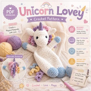 May include: A digital PDF crochet pattern for a unicorn lovey. The image features a white crocheted unicorn with a purple horn, curly pastel mane, and blue accents on the hooves. Text includes 'Unicorn Lovey', 'Crochet Pattern', and 'PDF DOWNLOAD'.