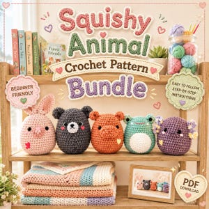 Puede incluir: Un paquete de patrones de ganchillo titulado Squishy Animal Crochet Pattern Bundle que presenta cinco animales de ganchillo pequeños, redondos y coloridos, incluyendo un conejo rosa, un oso gris, un cerdo naranja, una rana verde y un ajolote morado.
