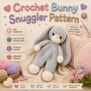 May include: A crochet bunny snuggler pattern featuring a gray and white plush bunny toy. The text reads Crochet Bunny Snuggler Pattern, PDF DOWNLOAD, STEP-BY-STEP INSTRUCTIONS, DETAILED PHOTOS, BEGINNER FRIENDLY, and Make your own adorable bunny snuggler!