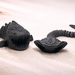 May include: Two dark gray, stylized sea creature sculptures on a sandy surface. One resembles a fish with an open mouth, the other a segmented serpent-like form. The sculptures have detailed textures.