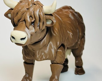 Articulated Highland Cow Figurine – 3D Printed Farmhouse Desk Decor-Flexible Gift- Kids Toys