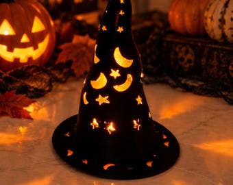 Witch Hat Tea Light Holder, Halloween LED Candle Holder, 3D Printed Lantern, Moon and Stars Decor, Spooky Halloween Decor
